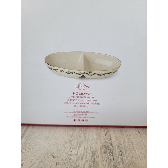 Lenox NEW white winter greetings divided oval bowl mistletoe Xmas kitchen - Picture 9 of 9